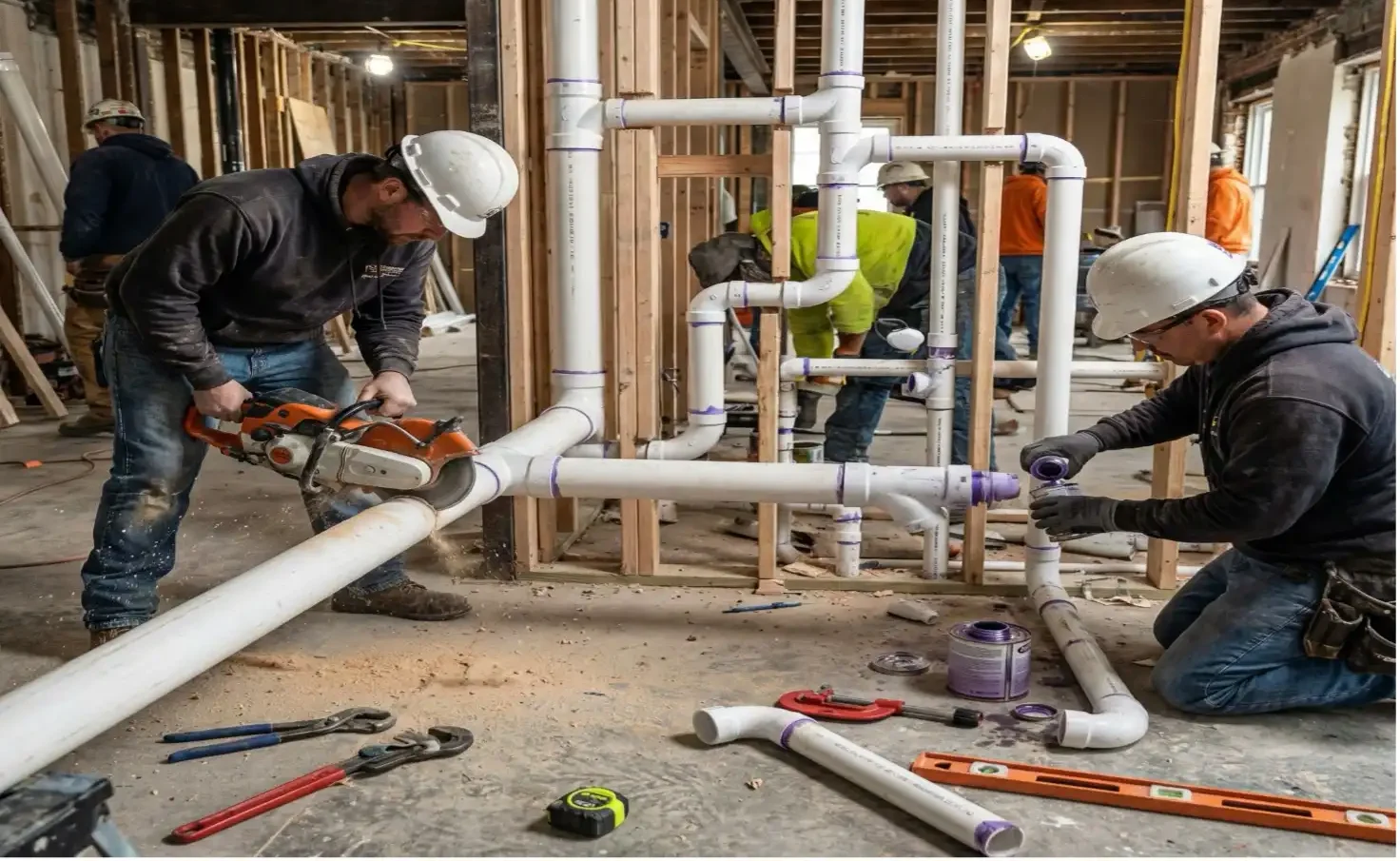 Workers installing pipes